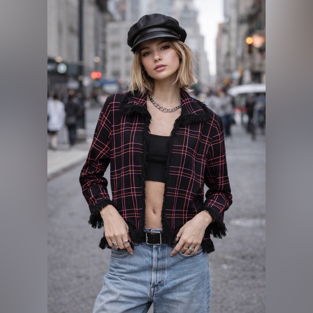 Vintage Dane Lewis Black & Pink Plaid Fringe Jacket
